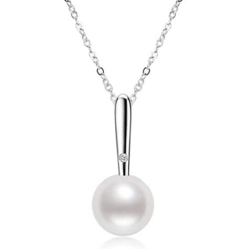White Pearl Pendant Necklace Freshwater Cultured 7.5-8mm Dainty Single Pearl Necklace Silver Chain with Cubic Zirconia Jewelry Gifts for Women Girls
