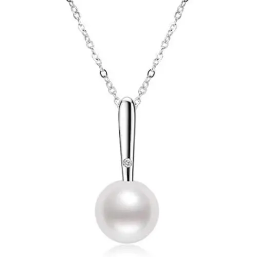 White Pearl Pendant Necklace Freshwater Cultured 7.5-8mm Dainty Single Pearl Necklace Silver Chain with Cubic Zirconia Jewelry Gifts for Women Girls