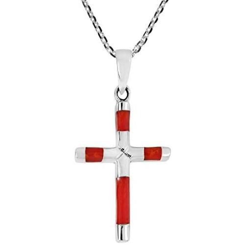 AeraVida Elegant X Cross Reconstructed Red Coral Inlay .925 Sterling Silver Pendant Necklace