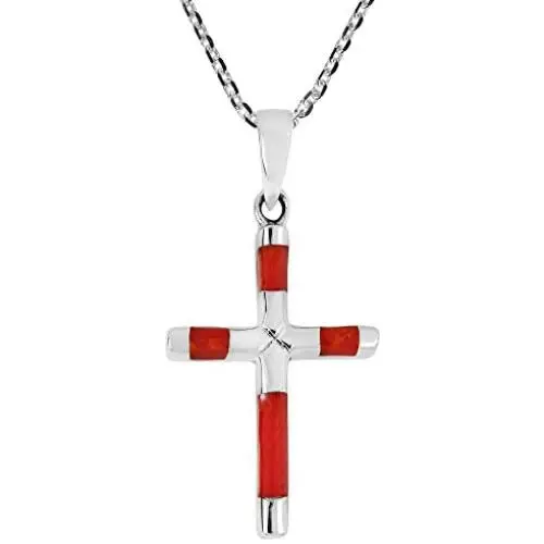 AeraVida Elegant X Cross Reconstructed Red Coral Inlay .925 Sterling Silver Pendant Necklace AeraVida Elegant X Cross Reconstructed Red Coral Inlay .925 Sterling Silver Pendant Necklace