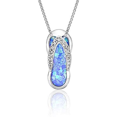 Honolulu Jewelry Company Sterling Silver Flip Flop CZ Accented Necklace Pendant with Simulated Blue Opal and 18'' Box Chain