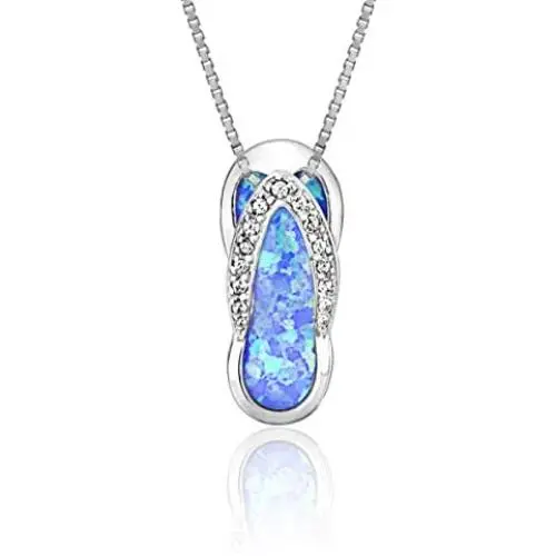 Honolulu Jewelry Company Sterling Silver Flip Flop CZ Accented Necklace Pendant with Simulated Blue Opal and 18'' Box Chain Honolulu Jewelry Company Sterling Silver Flip Flop CZ Accented Necklace Pendant with Simulated Blue Opal and 18'' Box Chain