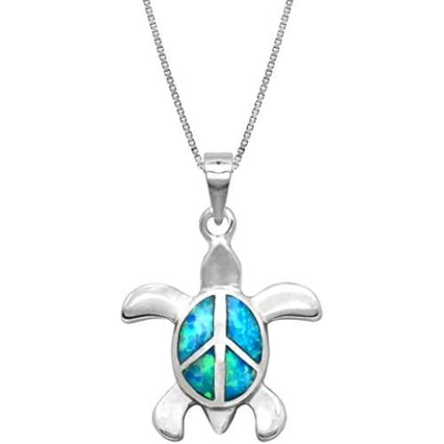 Honolulu Jewelry Company Sterling Silver Turtle Necklace Pendant Peace Sign with Simulated Blue Opal and 18'' Box Chain