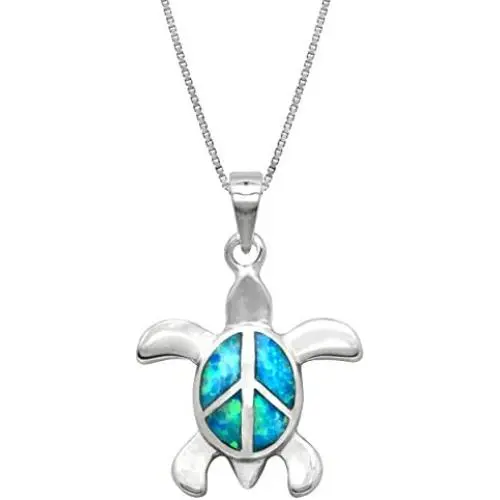 Honolulu Jewelry Company Sterling Silver Turtle Necklace Pendant Peace Sign with Simulated Blue Opal and 18'' Box Chain Honolulu Jewelry Company Sterling Silver Turtle Necklace Pendant Peace Sign with Simulated Blue Opal and 18'' Box Chain