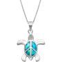 Honolulu Jewelry Company Sterling Silver Turtle Necklace Pendant Peace Sign with Simulated Blue Opal and 18'' Box Chain