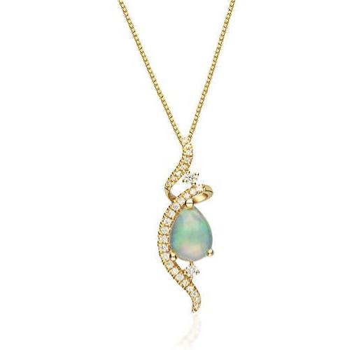 Gin & Grace 10K Yellow Gold Natural Opal Diamond (I1,I2) Pendant Necklace with Gold Chain for Women Mothers Day Jewelry Gifts