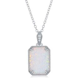 Rectangle-Shaped 20x15mm Created Blue/White Opal with Cubic Zirconia Beaded Border 18’’ Pendant Necklace Including a 6mm Round Blue Created Opal Stud Earrings Sterling Silver Jewelry Set for Women or Teens