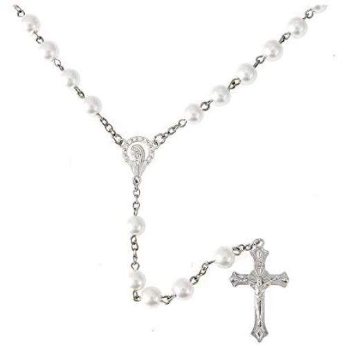 YWLI Rosary Beads Catholic, Confirmation Gifts for Teenage Girl, Cross Necklace for Women, Artificial Pearls Necklace Jewelry, Silver Alloy Necklace, Gifts for Women…