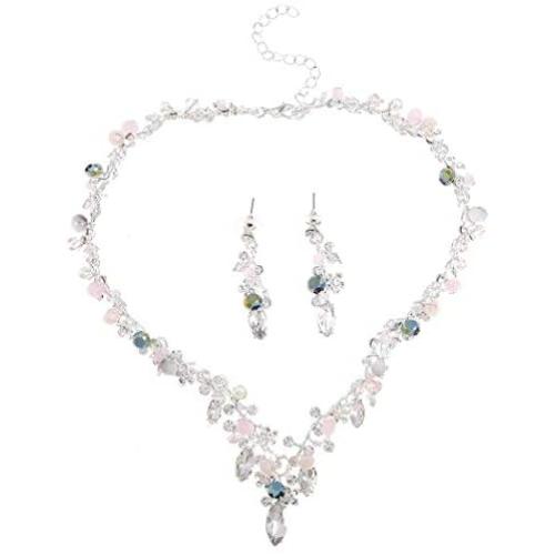 Brishow Bridal Wedding Necklace Set Silver Crystal Earrings Rhinestone Brides Necklace Chain for Women and Girls