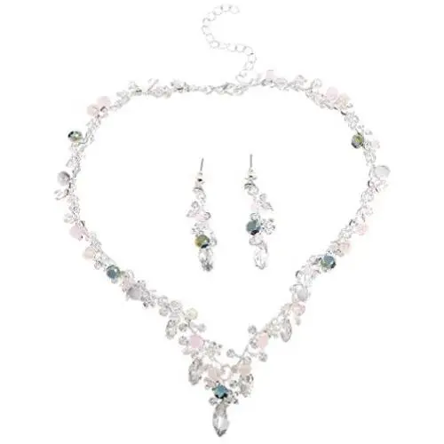 Brishow Bridal Wedding Necklace Set Silver Crystal Earrings Rhinestone Brides Necklace Chain for Women and Girls