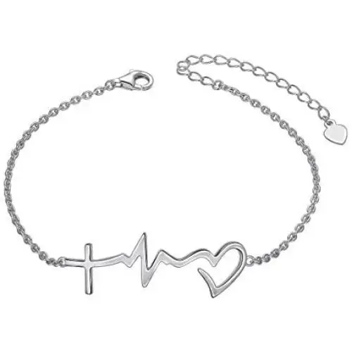 S925 Sterling Silver Faith Hope Love Cross Lifeline Heart Pendant Necklace Bracelet Christian Jewelry Gifts for Women Girls Birthday Gift Christmas Gift