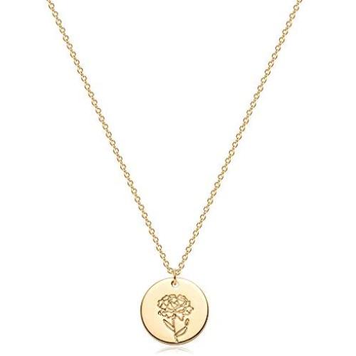 Fettero Birth Month Flower Necklace for Women Gold Disc Round Medal Pendant Engraved Floral 14K Gold Plated Minimalist Simple Personalized Jewelry Gift