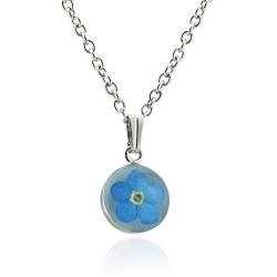 Real Forget Me Not Flower Pendant Necklace - Stainless Steel - Flower Preserved in Resin, 18'' Stainless Chain