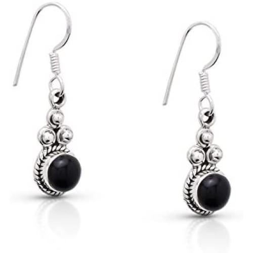 Koral Jewelry Black Onyx Delicate Hook Dangle Earrings Sterling Silver 925 Gipsy Boho Chic Ethnic Vintage Look
