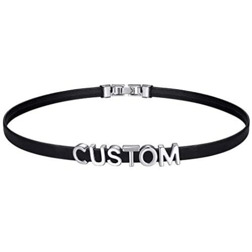 GoldChic Jewelry 5.5mm/19mm Wide Adjustable Customized Punk Black Genuine Leather Puddin/Initial Name Choker Costume Neck Collar Necklace for Women Girls Kids (Fit Neck Size 14.5-17 inch)