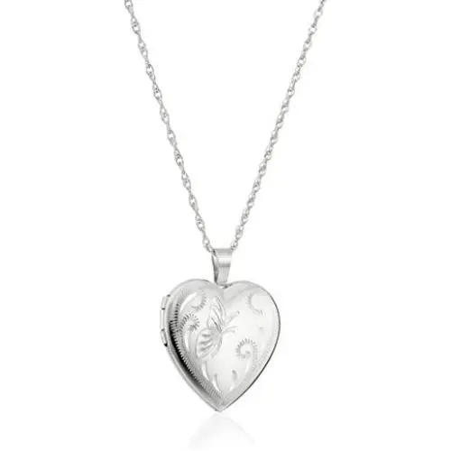 Sterling Silver Heart with Hand Engraved Butterfly Locket Necklace, 18'' Sterling Silver Heart with Hand Engraved Butterfly Locket Necklace, 18''