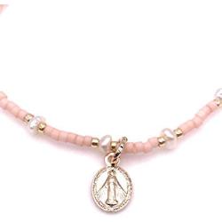 LESLIE BOULES Gold Plated Miraculous Tiny Medal Bracelet Miyuki Salmon-Pink Seed Beads Handmade Jewelry