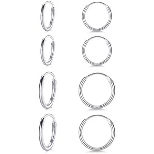 Sterling Silver Small Cartilage Hoop Earrings for Men & Women, 4 Pairs of Hypoallergenic Earrings
