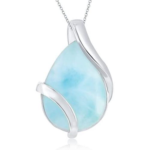 Sterling Silver Natural Larimar Pear-Shaped Designed 18'' Pendant Necklace