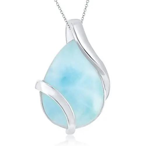 Sterling Silver Natural Larimar Pear-Shaped Designed 18'' Pendant Necklace