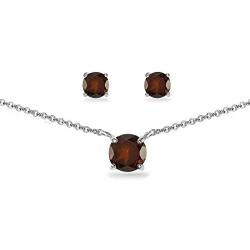 Sterling Silver Genuine, Created or Simulated Gemstone Round Solitaire Choker Necklace and Stud Earrings Set