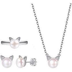 SILVERCUTE Cat Ear Kitten Charm Necklace BFF Friendship Jewelry 925 Sterling Silver 18'' Chain Rainbow CZ or Pearl Cat Ear Pendant