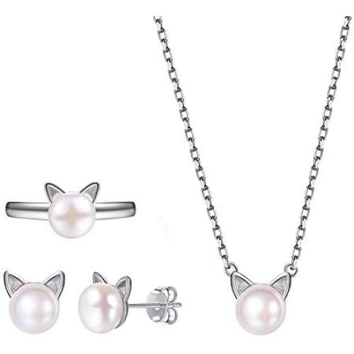 SILVERCUTE Cat Ear Kitten Charm Necklace BFF Friendship Jewelry 925 Sterling Silver 18'' Chain Rainbow CZ or Pearl Cat Ear Pendant