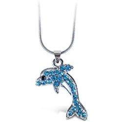 Puzzled Blue Dolphin Necklace, 18 Inch Fashionable & Elegant Silver Chain Jewelry with Rhinestone Studded Pendant for Casual Formal Attire Ocean Marine Life Themed Unisex Fashion Neck Accessory