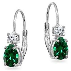 Sterling Silver 7x5mm Teardrop Genuine or Synthetic Gemstone & Round Cubic Zirconia Leverback Earrings
