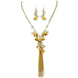 Bocar Long 2 Layer Chain Unique Flower Pendant Tassels Necklace Earrings Women Jewelry Set