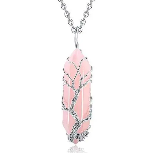 XIANNVXI Tree of Life Wire Wrapped Crystal Point Pendant Necklace Reiki Healing Crystal Stone Necklaces Natural Hexagonal Gemstone Quartz Jewelry for Women