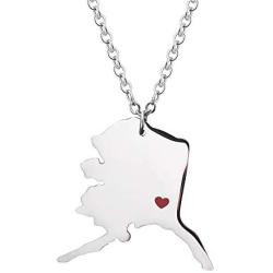 TAGOMEI Newly Silver Tone Stainless Steel map Pendant Necklace with a red Heart.