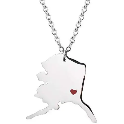 TAGOMEI Newly Silver Tone Stainless Steel map Pendant Necklace with a red Heart. TAGOMEI Newly Silver Tone Stainless Steel map Pendant Necklace with a red Heart.