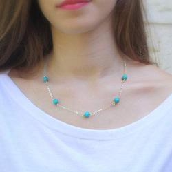 TseanYi Turquoise Gemstone Necklace Chain Silver Boho Beaded Necklace Choker Vintage Charm Collarbone Chain Necklaces Jewelry for Women and Girls (Silver)