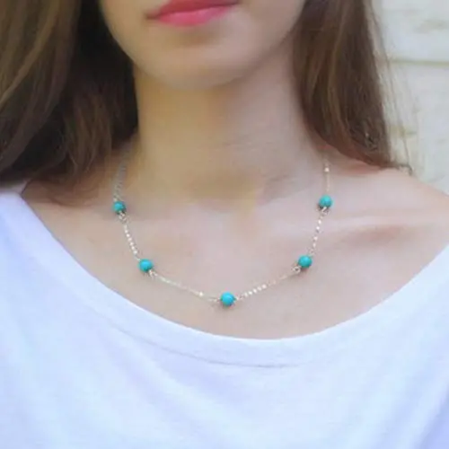 TseanYi Turquoise Gemstone Necklace Chain Silver Boho Beaded Necklace Choker Vintage Charm Collarbone Chain Necklaces Jewelry for Women and Girls (Silver)