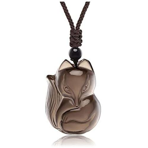 MANIFO Natural Crystal Gemstone Fox Pendant Necklace with Adjustable Woven Rope Chain