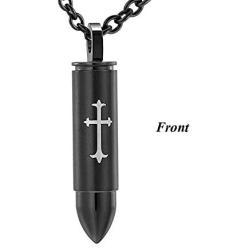 Sheng Jewelry Urn Necklaces for Men Women - Cross Engraving Bullet Urn Pendant Black Stainless Steel Cremation Necklace for Dad Mom Son