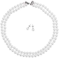 LEILE 8mm 18inch White Double row Faux Pearls Necklace Earring Jewelry Set for Women Girls