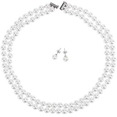 LEILE 8mm 18inch White Double row Faux Pearls Necklace Earring Jewelry Set for Women Girls