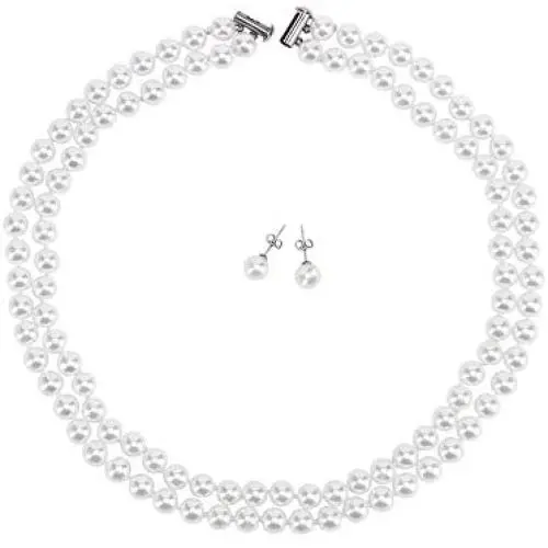 LEILE 8mm 18inch White Double row Faux Pearls Necklace Earring Jewelry Set for Women Girls LEILE 8mm 18inch White Double row Faux Pearls Necklace Earring Jewelry Set for Women Girls