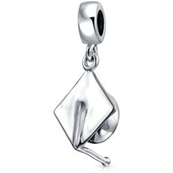 Personalized Graduate Graduation Trencher Cap Engravable Dangle Bead Charm .925 Sterling Silver Fits European Bracelet
