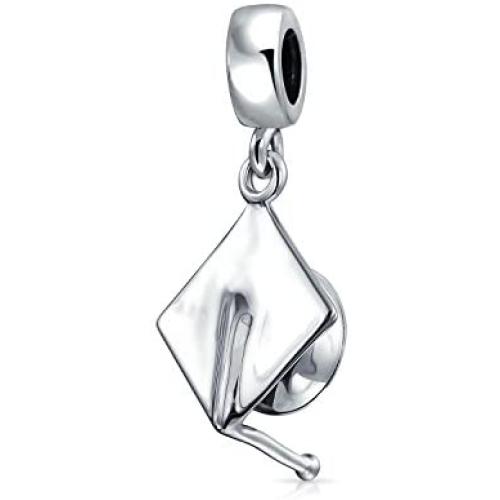 Personalized Graduate Graduation Trencher Cap Engravable Dangle Bead Charm .925 Sterling Silver Fits European Bracelet