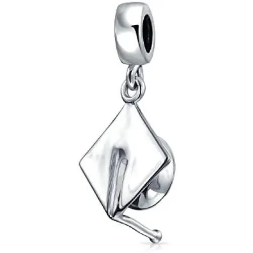 Personalized Graduate Graduation Trencher Cap Engravable Dangle Bead Charm .925 Sterling Silver Fits European Bracelet