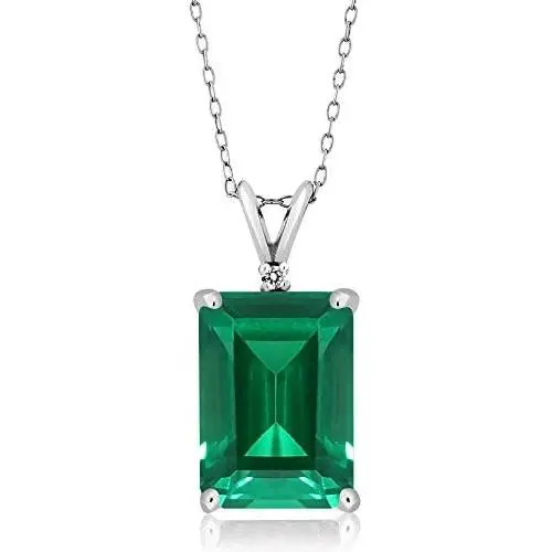 Gem Stone King 925 Sterling Silver Green Simulated Emerald and White Diamond Pendant Necklace For Women (6.52 Ct with 18 Inch Silver Chain)