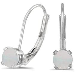 Women’s Small 14K White Gold Round Opal Gemstone 4mm Leverback Dangle Drop Earrings, (.18 ct)