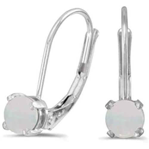 Women’s Small 14K White Gold Round Opal Gemstone 4mm Leverback Dangle Drop Earrings, (.18 ct)