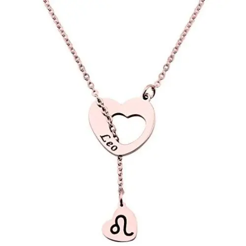 ENSIANTH Rose Gold Zodiac Signs Heart Necklace Stainless Steel Lariat Y Necklace Best Birthday Gift