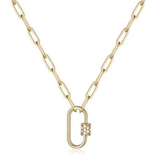 Turandoss Gold Paperclip Chain Necklace for Women, 14K Gold Plated Dainty Paperclip Link Chain Necklace Medallion Evil Eye Star Lightning Heart Butterfly Oval Link Paperclip Chain Necklaces for Women