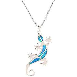 Platinum plated Sterling Silver Blue Opal Lizard Gecko Pendant Necklace WIth Curb Chain 18In For Women Girls Children