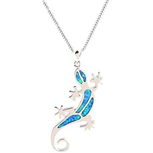 Platinum plated Sterling Silver Blue Opal Lizard Gecko Pendant Necklace WIth Curb Chain 18In For Women Girls Children